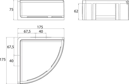 Technische tekening van een witte douche hoekmand met afmetingen.