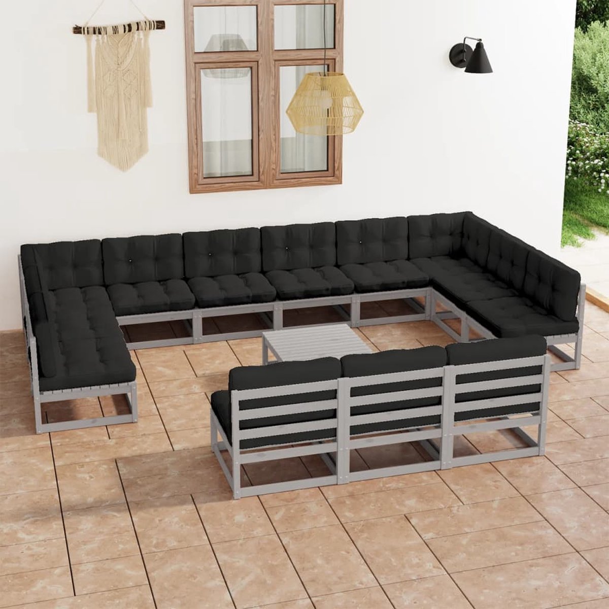 The Living Store 14-delige Loungeset met kussens massief grenenhout grijs - Tuin Lounge Set - Loungestoel - Houten Loungebank - Buis Stoffen Kussens - Teak Hout