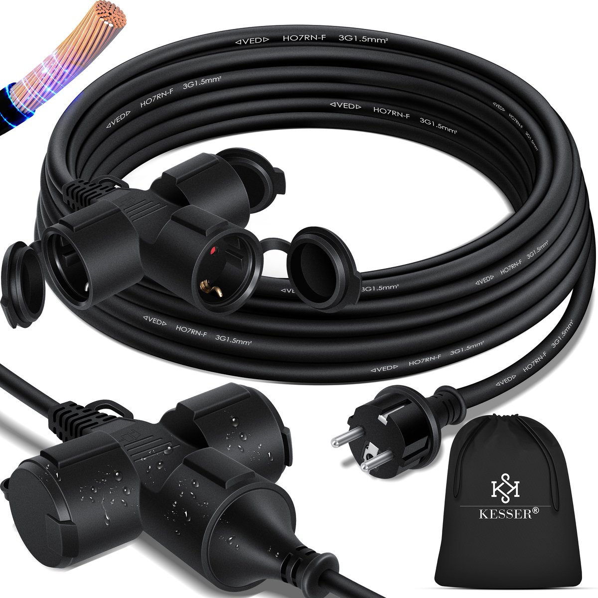 KESSER® Verlengkabel 10 meter met 3x stekkerdoos voor binnen en buiten IP44 - Verlengsnoer met Stekker