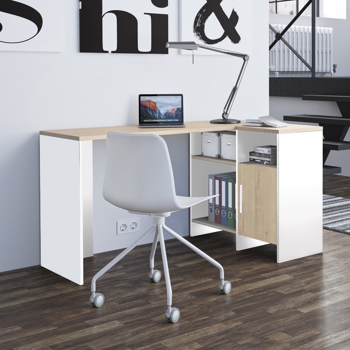 Hoekbureau Magenta - Wit/eik Decor - Gautier - Diagone - Hoekbureau - Wit; Bruin - Spaanplaat