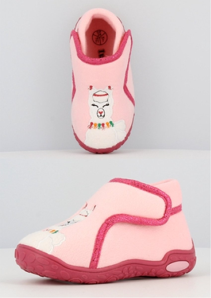 Meisjes alpaca pantoffels – roze met witte alpaca – sterke antislip – maat 25
