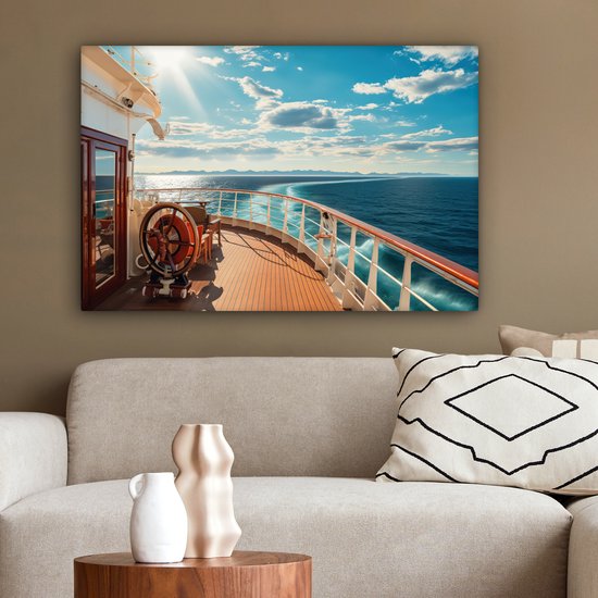 Tableau sur toile Bateau - Water - Mer - Navigation - Montagnes - Soleil - Maritime - 180x120 cm - Décoration murale XXL