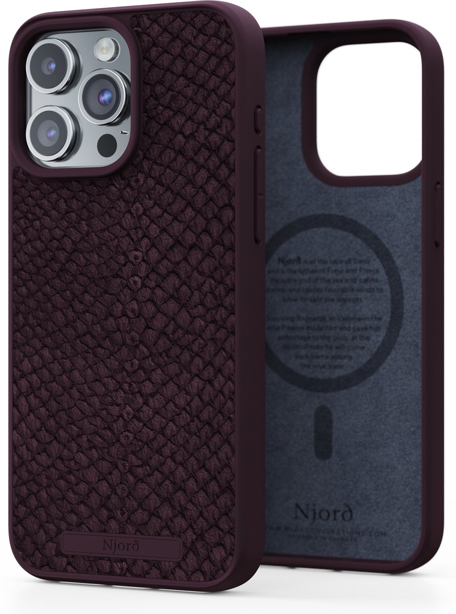 Njord Collections Zalm Leder Telefoonhoesje - Geschikt voor iPhone 15 Pro Max - Gereycled / Duurzaam materiaal - 2 Meter valbescherming - Mag Compatible / Inclusief Magnetische Ring – Paars
