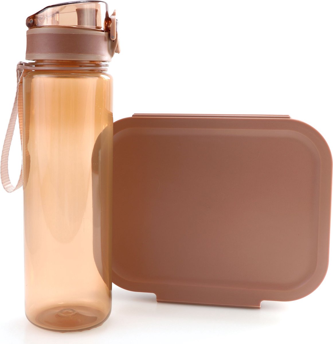 Terra Brown broodtrommel + drinkfles | Modern gekleurde Bento lunchbox met drinkbeker voor schoolgaande jeugd en volwassenen | Waterfles BPA vrij | LS36
