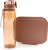 Terra Brown broodtrommel + drinkfles | Modern gekleurde Bento lunchbox met drinkbeker voor schoolgaande jeugd en volwassenen | Waterfles BPA vrij | LS36