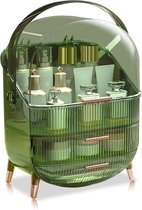 180 graden draaibaar, draagbare make-uporganizer; opbergbox voor cosmetica; met stofdicht deksel; beauty-organizer met 2 laden en draaggreep; (retro groen)