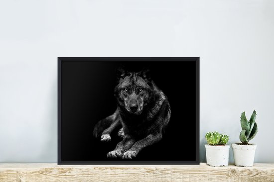 Fotolijst incl. Poster - Dieren - Wolf - Zwart - Wit - Portret - 40x30 cm - Posterlijst
