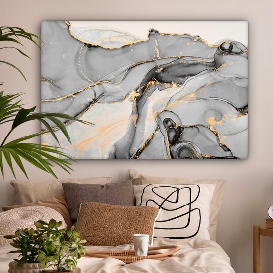 Toile Peinture Marbre - Goud - Grijs - 140x90 cm - Décoration murale