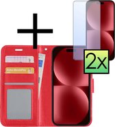 Hoes Geschikt voor iPhone 15 Hoesje Book Case Hoes Flip Cover Wallet Bookcase Met 2x Screenprotector - Donkerroze