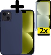 Hoesje Geschikt voor iPhone 15 Hoesje Siliconen Case Met 2x Screenprotector - Hoes Geschikt voor iPhone 15 Hoes Siliconen - Donkerblauw