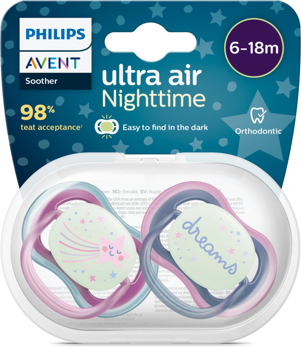 Goedkoopste Philips Avent Ultra Air Nighttime Glow in the Dark Fopspeen - 6 tot 18 Maanden - 2 Speentjes - Paars/Donkerblauw Ster/Dreams - SCF376/14
