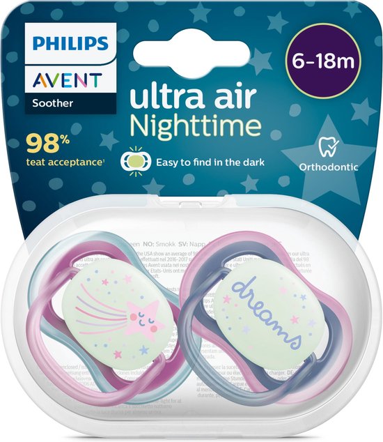 Philips Avent Ultra Air Nighttime Glow in the Dark Fopspeen - 6 tot 18 Maanden - 2 Speentjes - Paars/Donkerblauw Ster/Dreams - SCF376/14