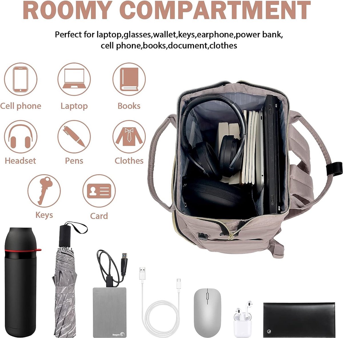 hk Roll Top Rugzak Grote Laptop Rugzak 15,6'' USB-poort Waterbestendig Anti-diefstal Rugzak Reizen Wandelen Camping College School Werk, Groen, 15.6, Dagrugzak