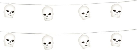 Halloween deco LED verlichting/lampjes schedels - 2x - op batterijen - 220 cm - griezel uitstraling
