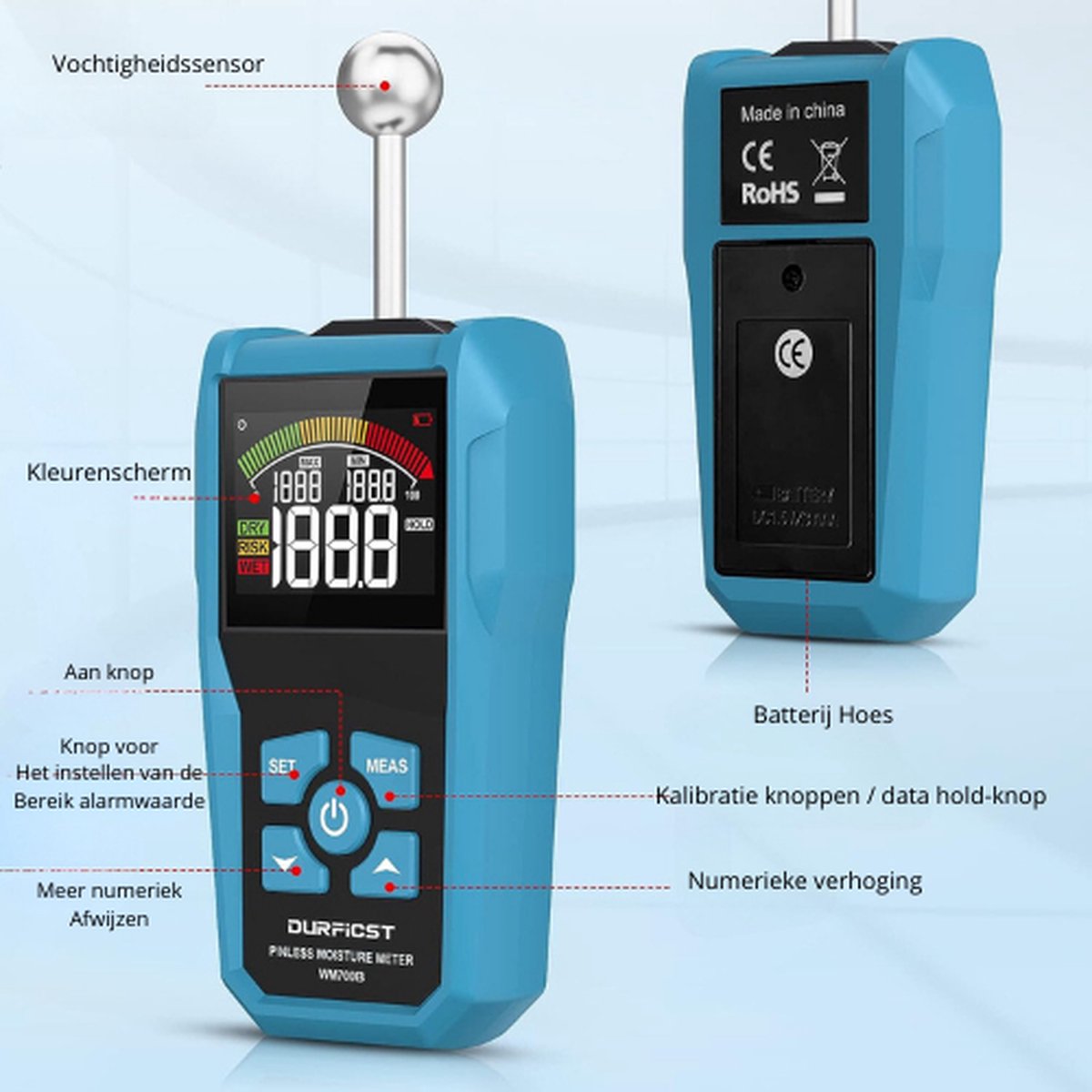Neoteck Oplaadbare vochtmeter van hout, 5-40 mm diepte-analyse, vochtmeter voor muren met lcd-kleurenscherm en vochtalarm voor hout, gips, gips