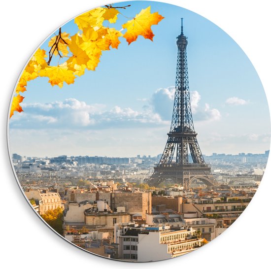 PVC Schuimplaat Muurcirkel - Eiffeltoren in Parijs Omringd door Gele Bloemen - 40x40 cm Foto op Muurcirkel (met ophangsysteem)