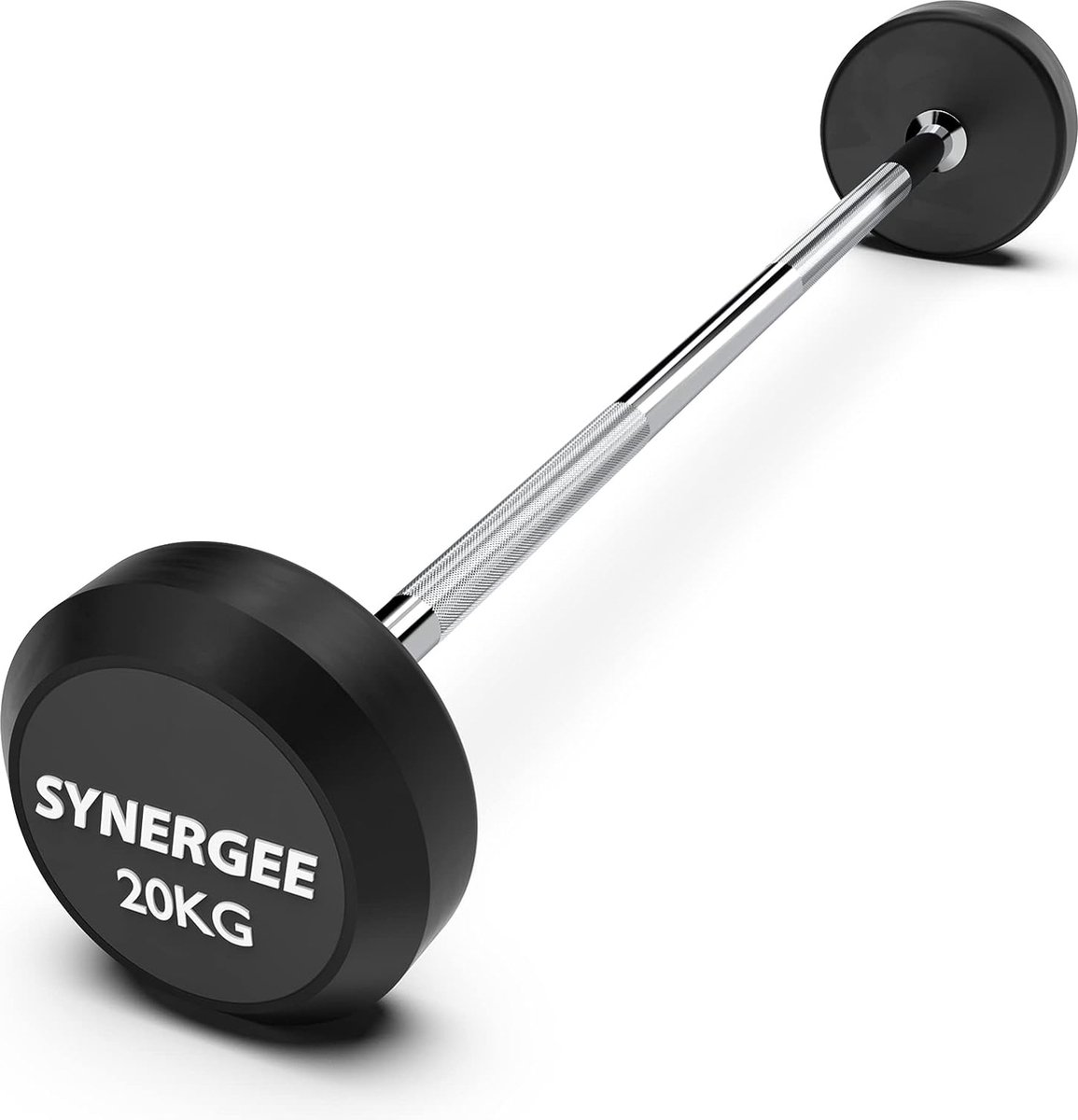 Synergee vaste halter 20kg - fixed straight bar 20kg - voorgewogen rechte stalen stang met rubberen gewichten - vast gewicht 20kg