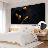 Canvas schilderij - Foto op canvas - Woonkamer decoratie - Macarons - Lepel - Goud - Zwart - Stilleven - 160x80 cm