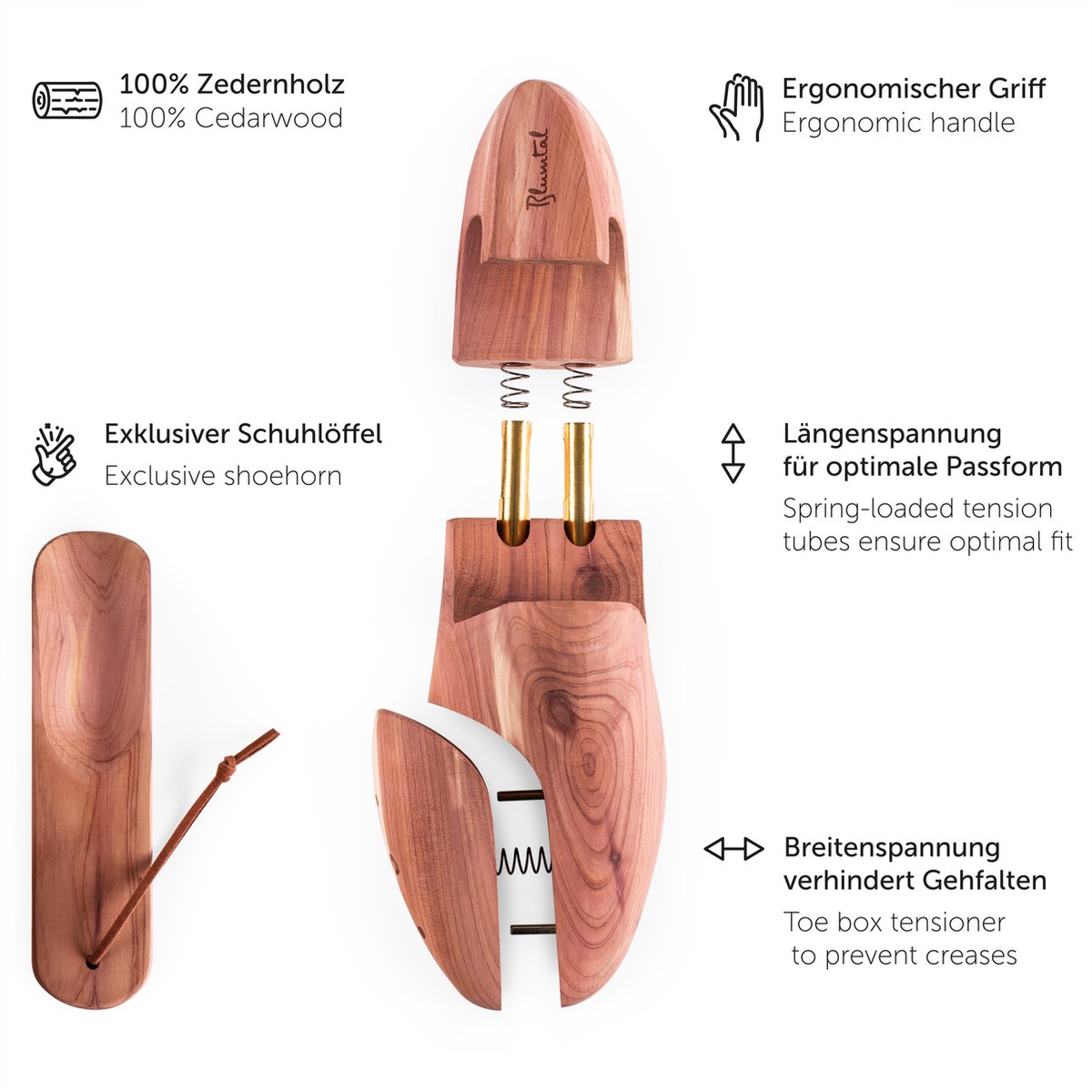 Blumtal Dames en Heren Schoenspanner inc. Schoenlepel - Ergonomisch design - Cederhout - Maat 42-43 - Set van 2