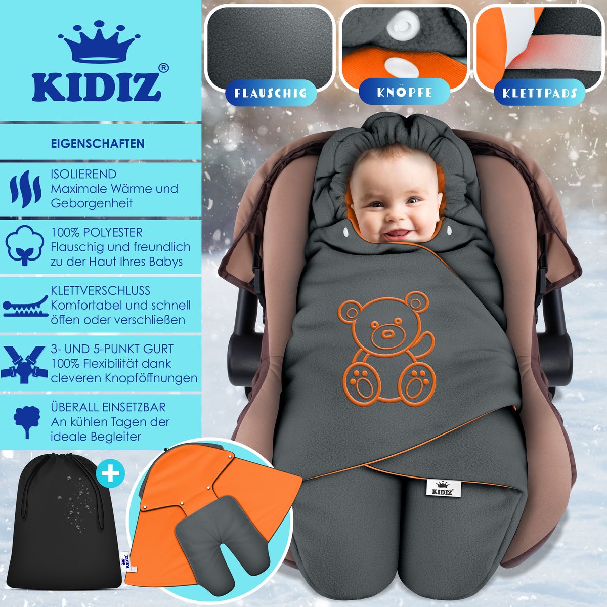 KIDIZ® Baby Slaapzak voor Buggy Voetenzak voor Autostoeltje & Wandelwagen Babyschaal, voor Winter met Kap + Babyslaapzak Deken voor Maxi-Cosi & Kinderwagen alle Gordelsystemen 3 & 5-Puntsgordel - Antraciet / Oranje – foto 6