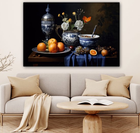 Peinture sur toile Nature morte - Fruits - Fleurs - Bleu de Delft - Hollandais - 120x80 cm - Décoration murale