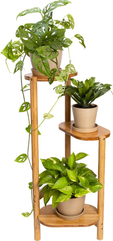 QUVIO Plantenrek - Plantenstandaard - Plantentafel - Plantenrekken - Plantentrap - Plantentafeltje voor binnen - Planten rek - Bloemenrek - Planten etagere - Plantenzuil - Met 3 lagen -Bamboe - Bruin