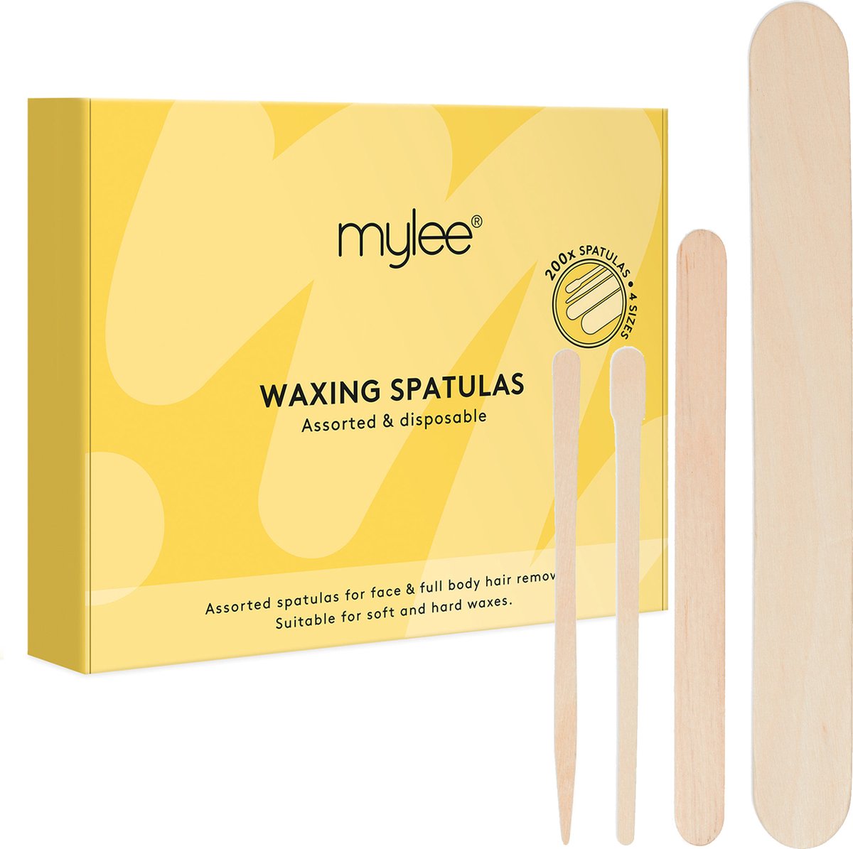 Mylee geassorteerde wegwerpbaar houten wax spatulas (pakket van 200) gladde en natuurlijke houten stokken, 4 maten voor precisie ontharing, zachte of harde wax applicator, voor lichaam, gezicht, wenkbrauw, benen, bikini