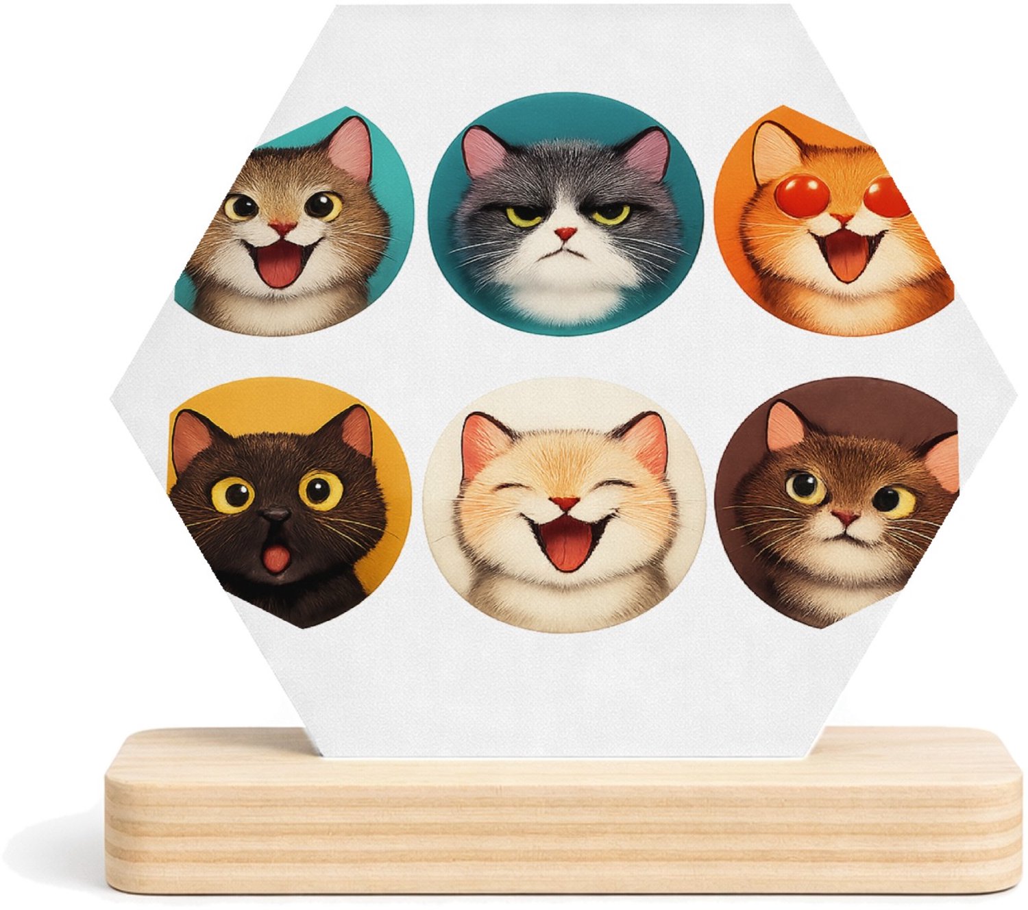 Mr Cadeautjes MDF fotolijst/inleg hexagon 14 x 13 - design Set van zes expressieve kattenportretten met verschillende s | cadeau Wit