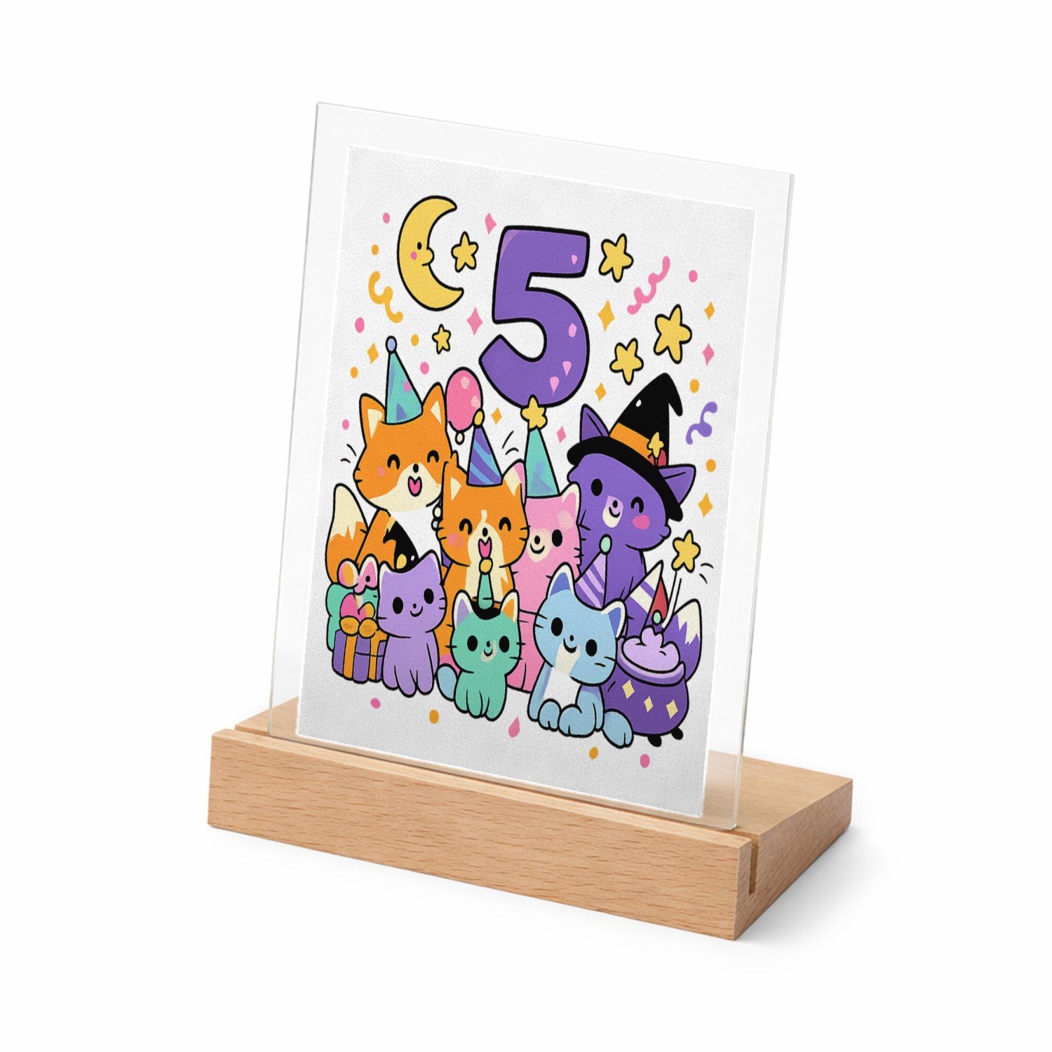 Mr Cadeautjes Glasframe met vaste tekst - design Magische verjaardagsprint met een groep dieren in een fantas | cadeau Wit