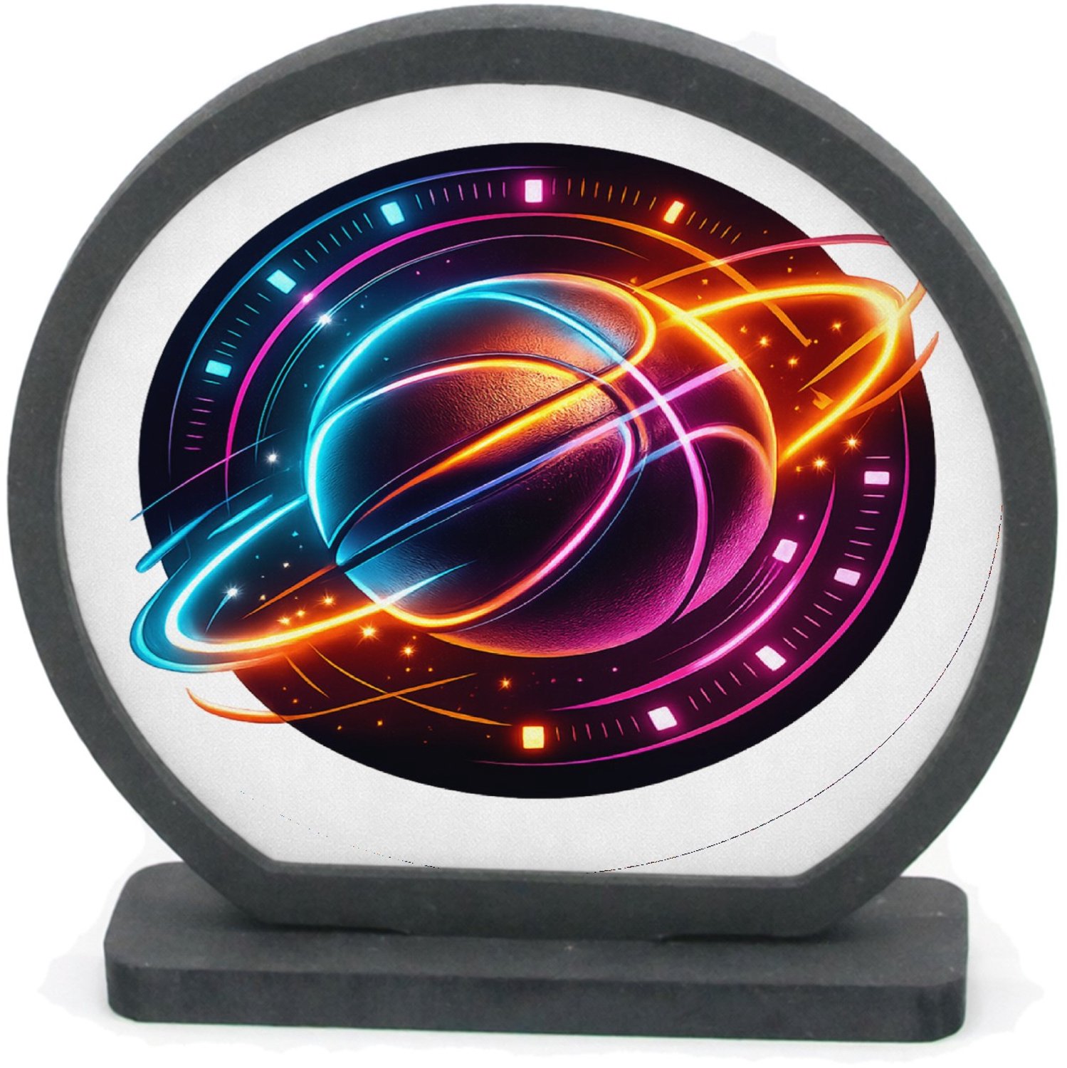 Mr Cadeautjes Houten fotolijst rond met MDF inleg - design Neon sportenergie met een dynamisch object in het midden | cadeau Wit
