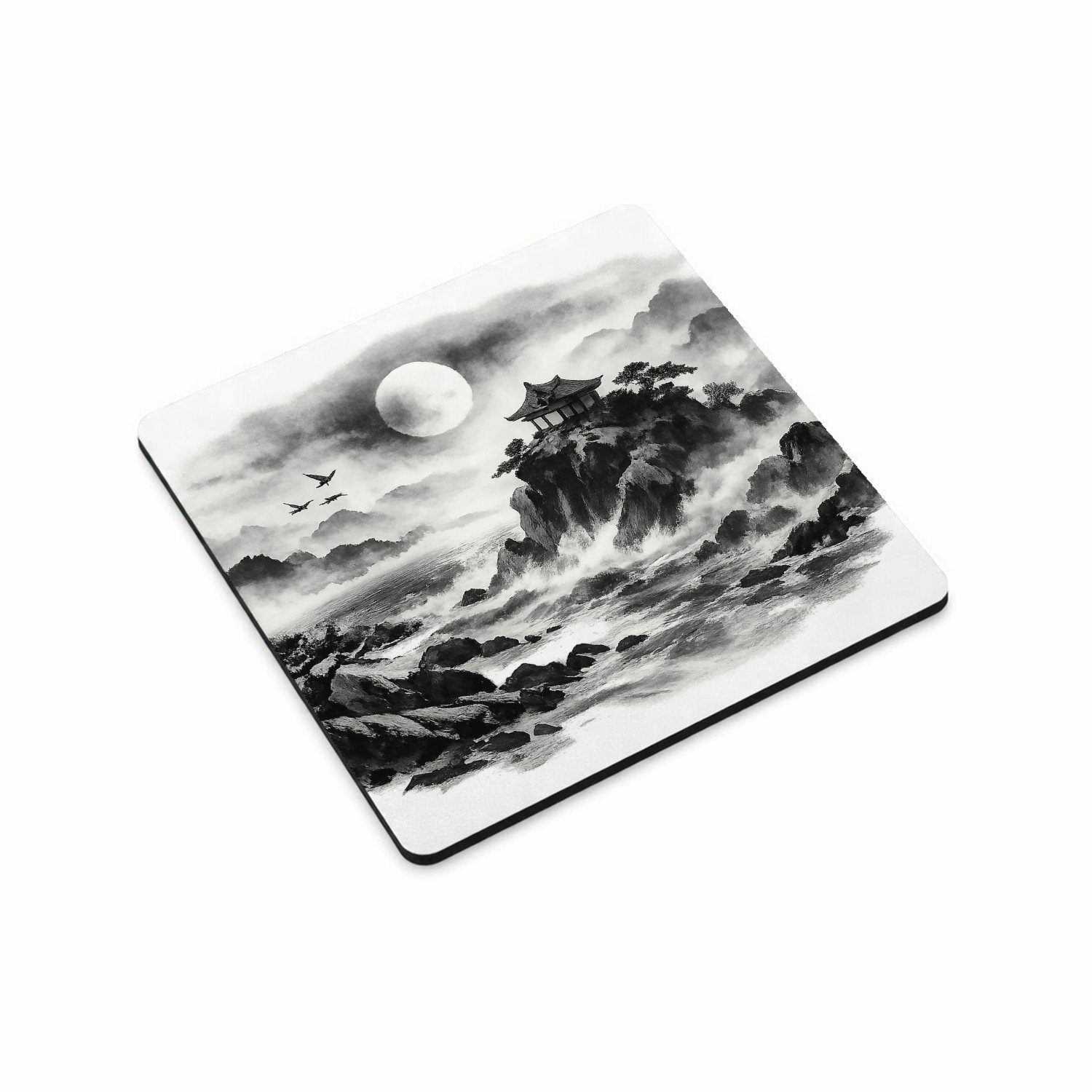 Mr Cadeautjes MDF magnetische fotolijst vierkant 9,5 - design Nachtelijk kustpanorama met rotsen, maan, golven en een klei | cadeau Wit