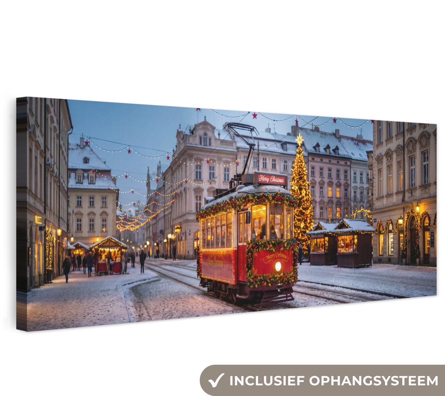 Canvas schilderij 180x60 cm - Exclusieve wanddecoratie Tram - Kerst - Sneeuw - Muurdecoratie woonkamer - Slaapkamer decoratie - Kamer accessoires - Schilderijen op canvas groot XXL