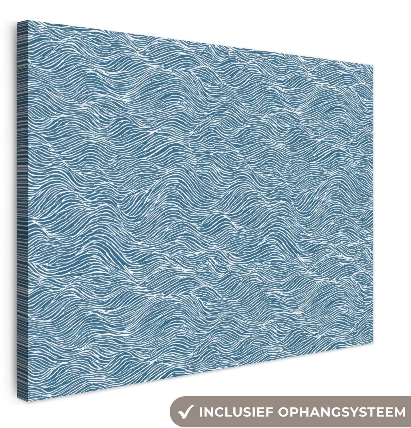 Canvas schilderij 80x60 cm - Exclusieve wanddecoratie Blauw - Wit - Golven - Getekend - Textuur - Muurdecoratie woonkamer - Slaapkamer decoratie - Kamer accessoires - Schilderijen op canvas