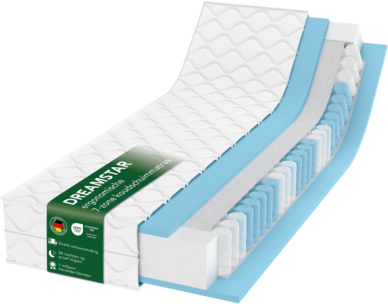 Dreamstar Ergonomisch 7-zone XXL-matras met pocketveerkern I 90 x 190 cm I 22 cm I H2 & H3 I Ergo Flex TFK XXL duo | Omkeerbaar matras wit