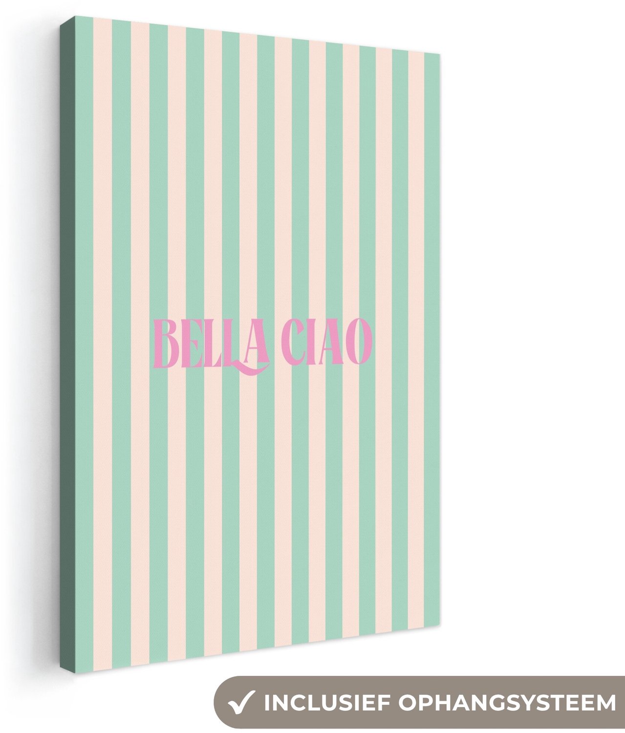 Canvas schilderij 20x30 cm - Exclusieve wanddecoratie Roze - Groen - Strepen - Bella ciao - Muurdecoratie woonkamer - Slaapkamer decoratie - Kamer accessoires - Schilderijen op canvas