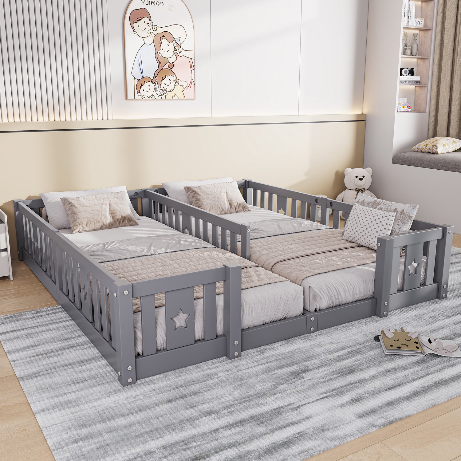 Mofor Montessori kinderbed met 2 slaapplaatsen van 90x200 cm - houten vloerbed met uitvalbeveiliging - sterrenmotief - grijs - zonder lattenbodem
