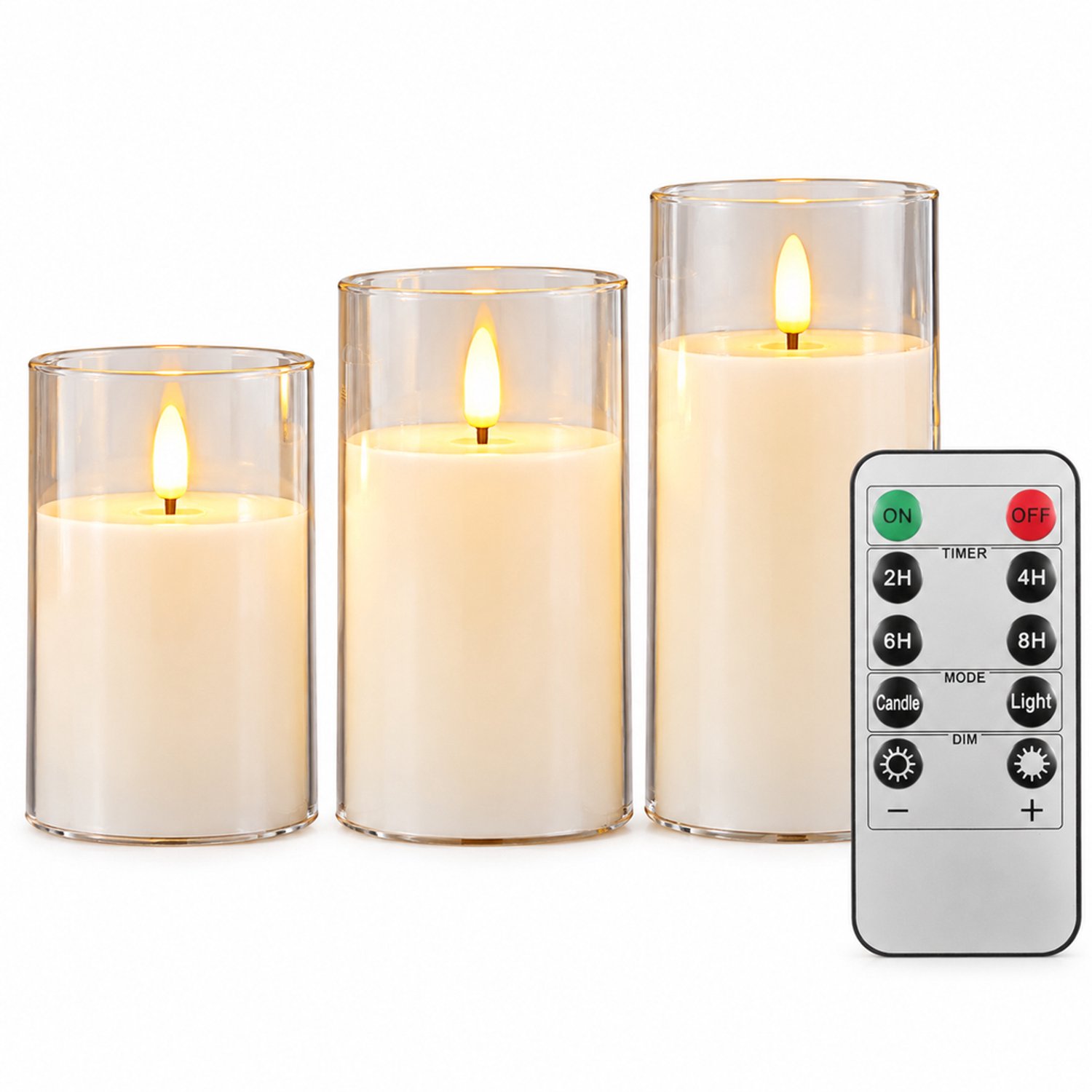 SWGOTA led kaarsen, set van 3 witte kaarsen met afstandsbediening, vlakke rand en vlamvormige led, diameter 7,5 cm, hoogtes 10/12,5/15 cm