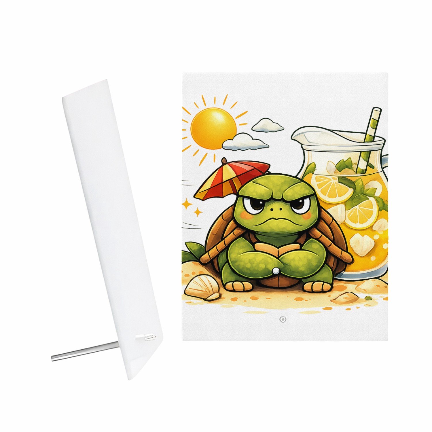 Mr Cadeautjes Glazen fotopaneel Een norse schildpad met een mini-parasol en een tropische li - 15 x 20 cm, staand - glas, decoratie, wanddecoratie | cadeau Wit