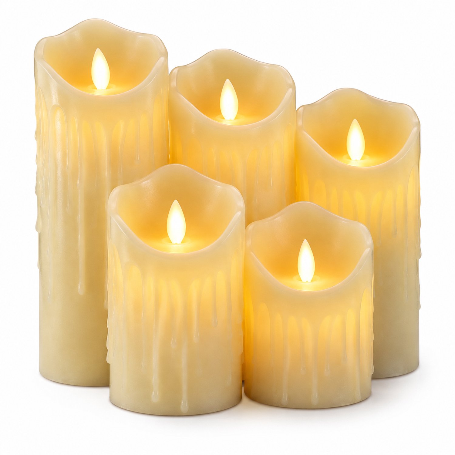 SWGOTA led kaarsen, set van 5 met afstandsbediening, diameter 7,5 cm, hoogtes 10/12,5/15/17,5/20 cm, warm licht en druipwasvorm Ivoorwit