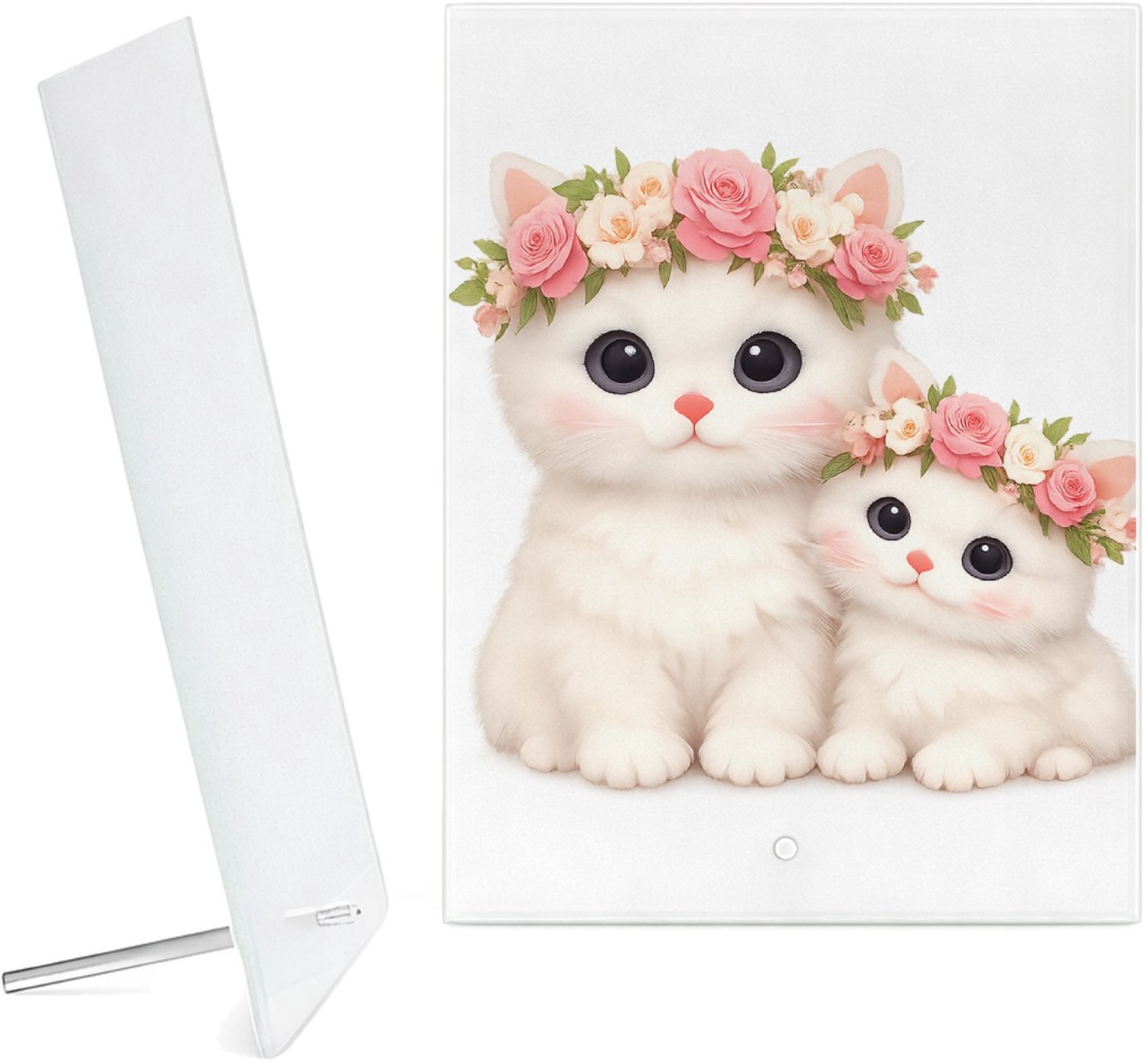 Mr Cadeautjes Glazen fotopaneel Een schattige bosuil met een bloemenkrans en zachte maanlich - 15 x 20 cm, staand - glas, decoratie, wanddecoratie | cadeau Wit