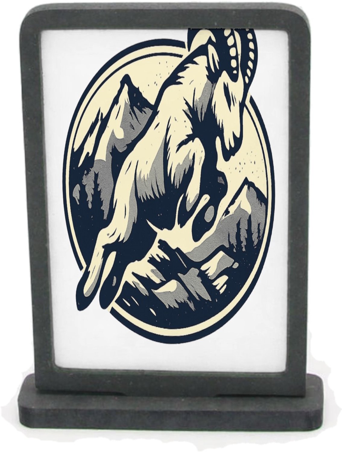 Mr Cadeautjes Houten fotolijst rechthoek met MDF inleg - design Een krachtige berggeit die schuin over een ronde badge sprin | cadeau Wit