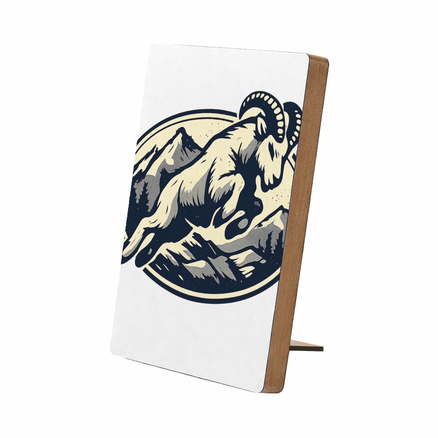 Mr Cadeautjes Glasframe/MDF 12,7 x 17,8 - design Een krachtige berggeit die schuin over een ronde badge sprin | cadeau Wit