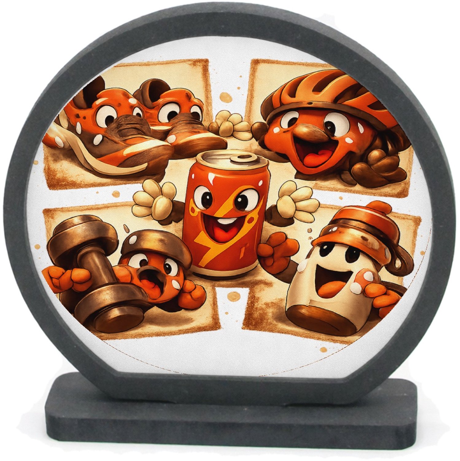 Mr Cadeautjes Houten fotolijst rond met MDF inleg - design Een collage van sportieve gereedschappen die uitgeput en vro | cadeau Wit