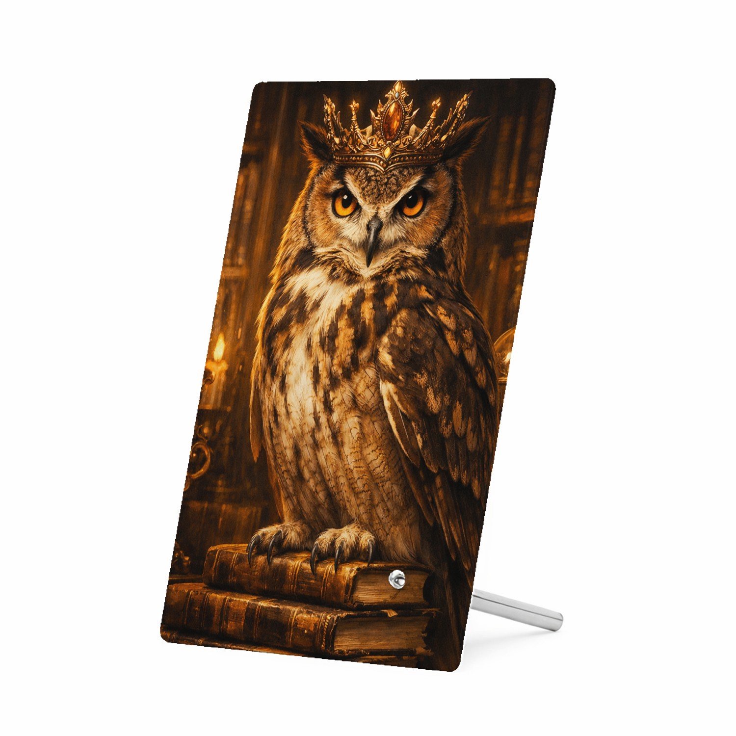 Mr Cadeautjes Glasframe 11 x 16 - design Een chique uil in een bibliotheek vol gouden licht en oude b | cadeau Wit