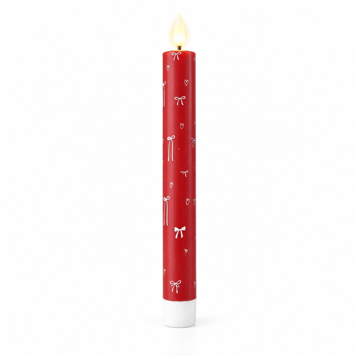 SWGOTA led kaarsen, 3 stuks per doos, lange staafkaarsen van paraffine met warm licht en witte strikjes en hartjes op een rode kaars Rood
