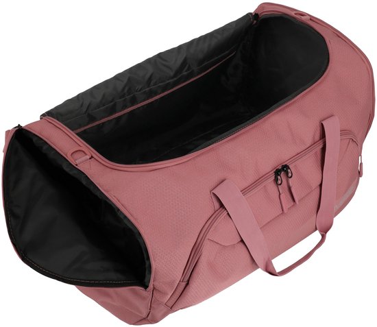 Open roze Travelite Kick Off reistas met textuur, zwarte voering en handvatten.