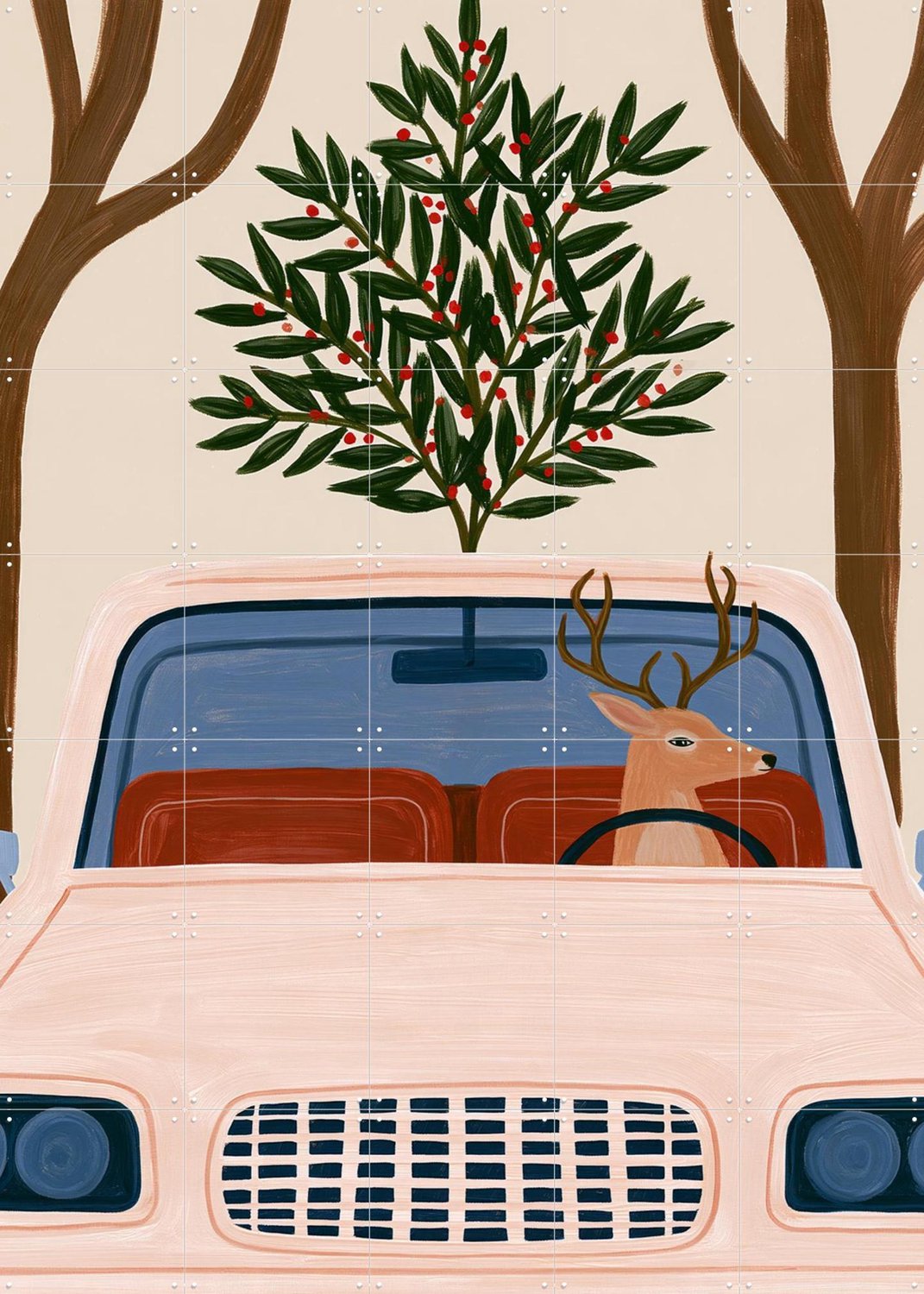 IXXI Driving Home, Atelier Pommeline - 100 x 140 cm - Grote wanddecoratie en posters - Cartoonesk, Woonkamer, Slaapkamer, Voertuigen, Dieren, Kerst Roze / Beige
