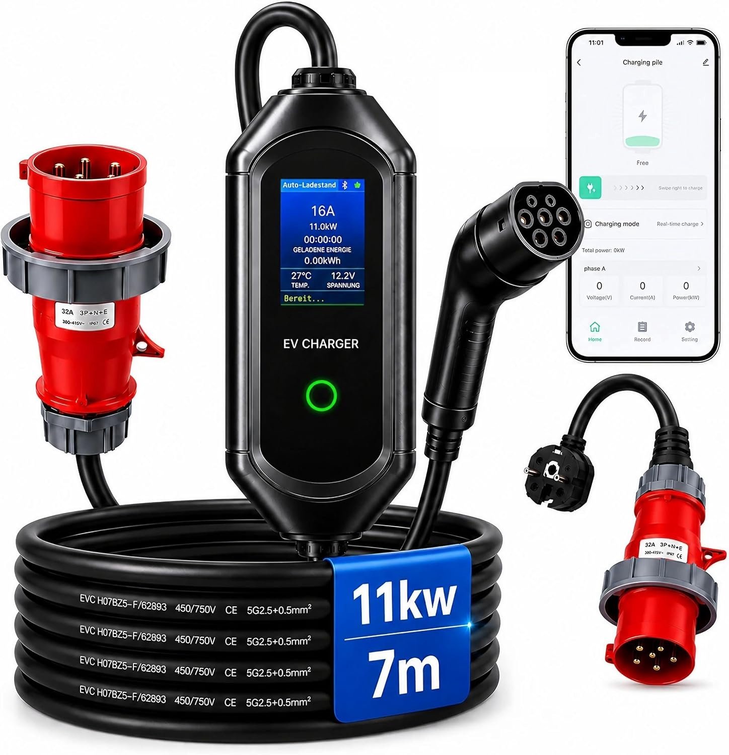 Glosante Mobile Wallbox 11kW met app, type 2 laadstation 7m - ShopVlot