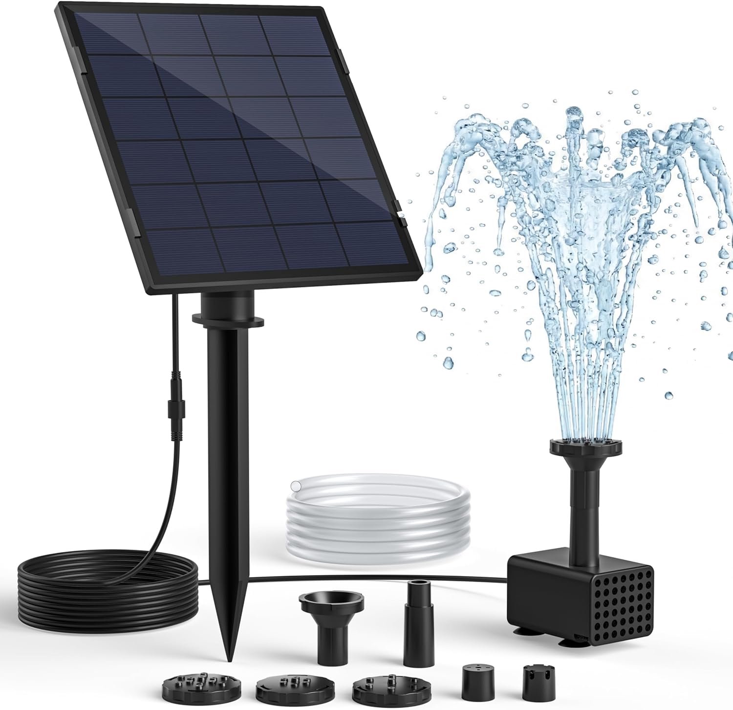SnelShoppen - Solar Fountain Pump voor Vogelbad - 2.5W Zonnepanelen Waterpomp met 3M Stroomkabel, Verstelbare Grondspike, 5 Spray Modi, 1.2M Slang, Dr