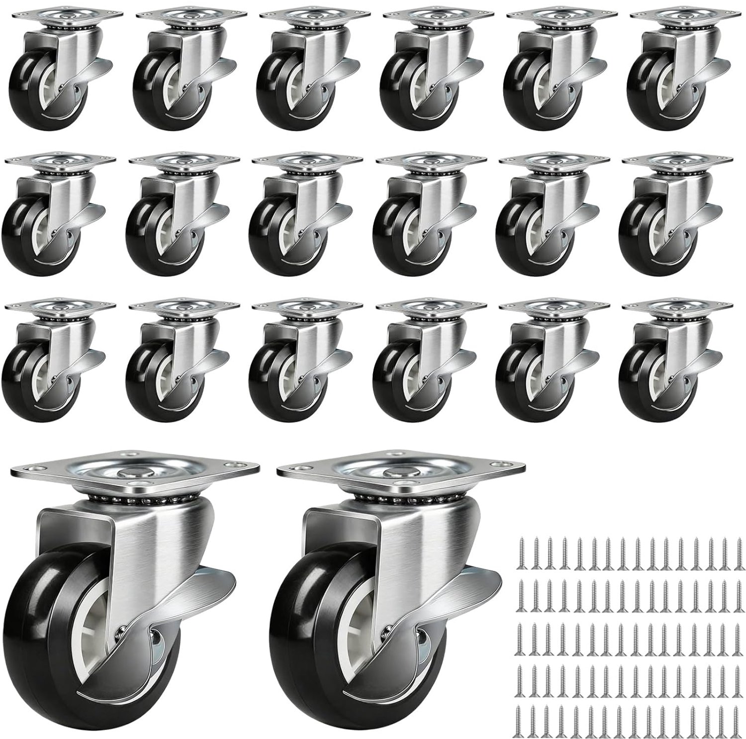 SnelShoppen - 20 stuks Meubelwielen 25 mm met Rem - Duurzame Polyurethaan en Metalen Houder - Ideaal voor Kasten, Tafel, Emmers - Zwenkwielen voor Vlo